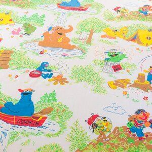80s Sesame Street Muppets Camping TWIN Bed FLAT Top Sheet Vintage Bedroom Decor